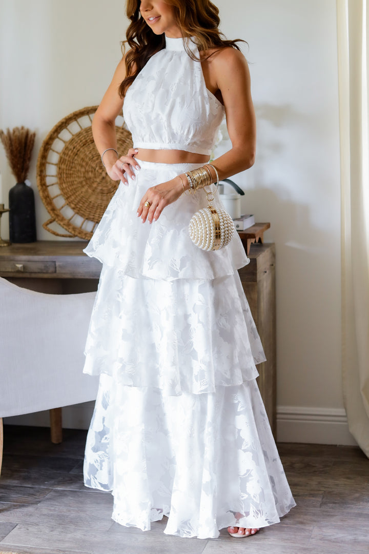 Celeste Crop & Tiered Skirt Set- White
