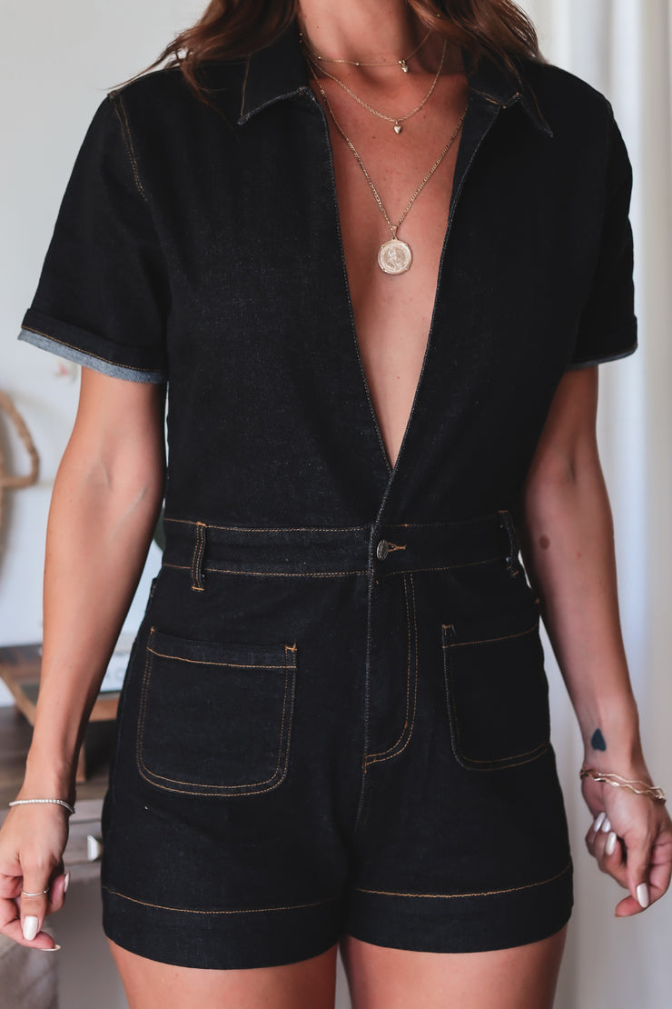 The Jessie Denim Romper- Black