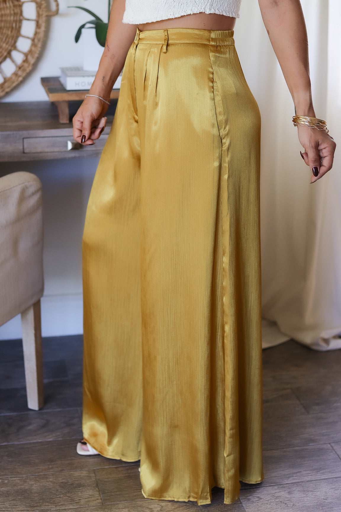 Gold satin pants sale