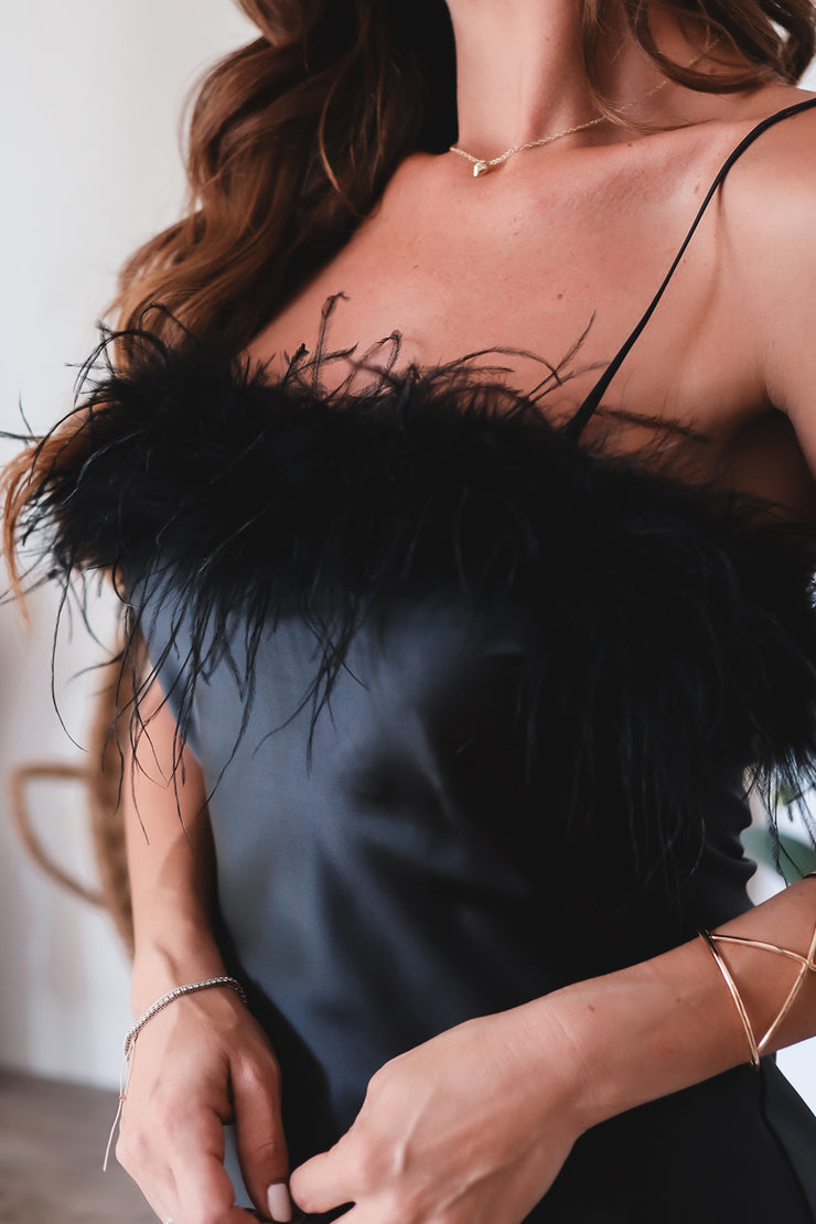 The Hailey Feather Satin Midi-Black