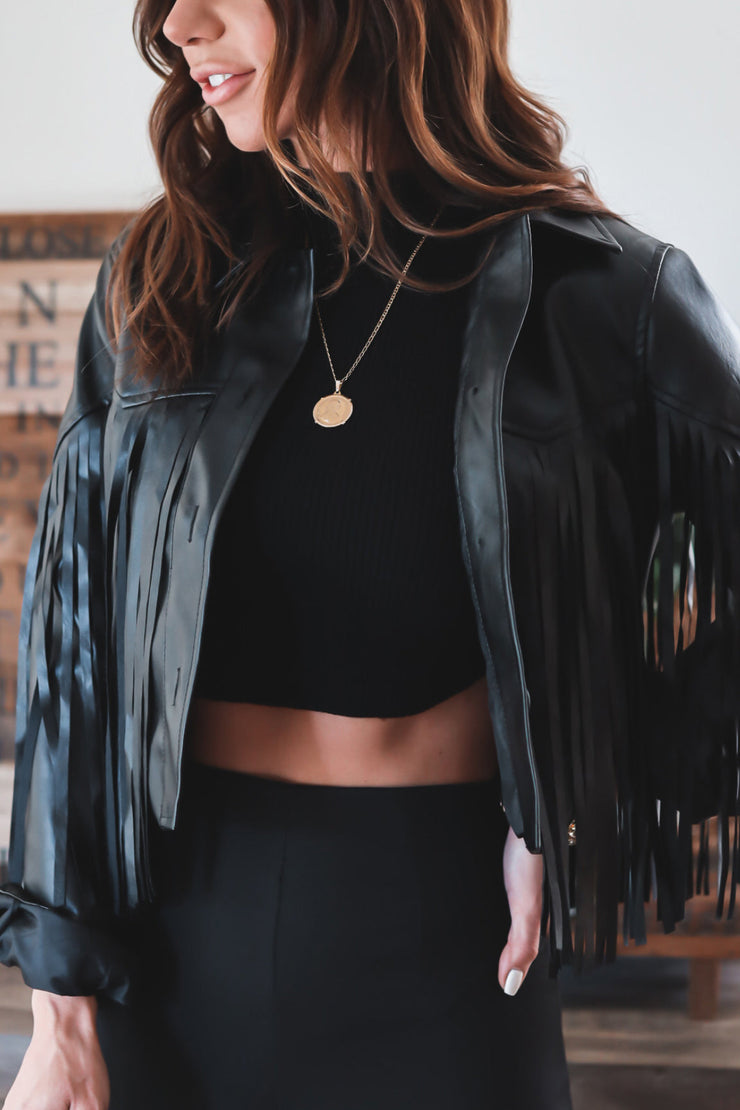 Mason Fringe Faux Leather Jacket-FINAL SALE---