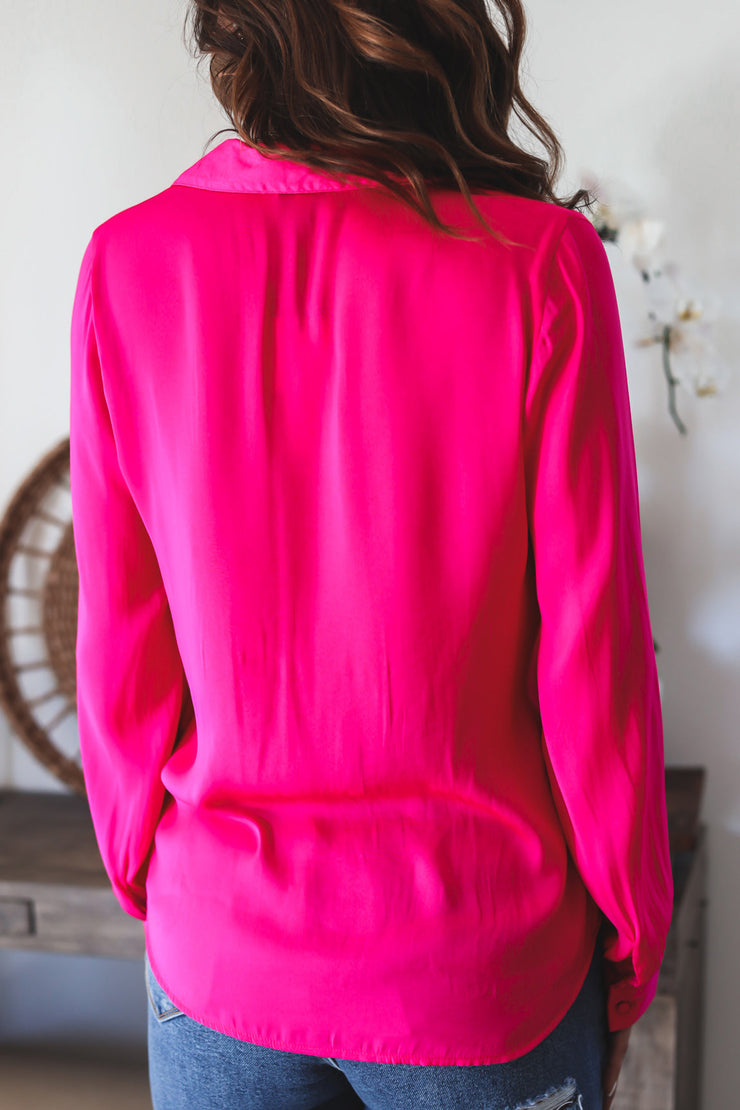 The Aria Button Down Blouse- HOT PINK