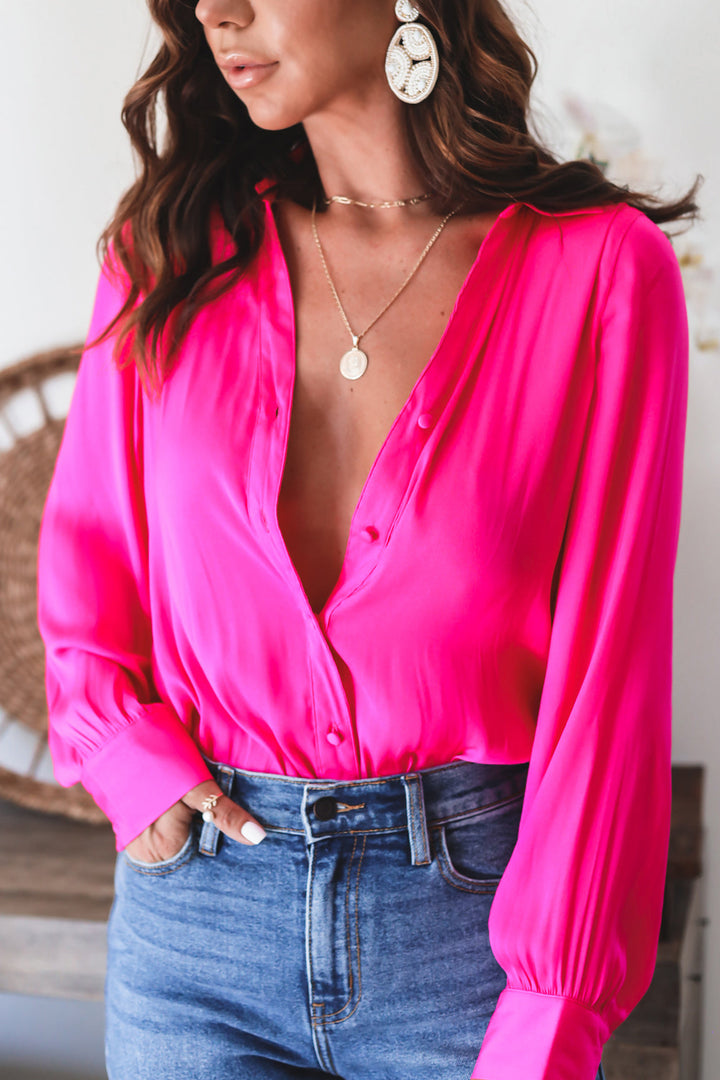 The Aria Button Down Blouse- HOT PINK