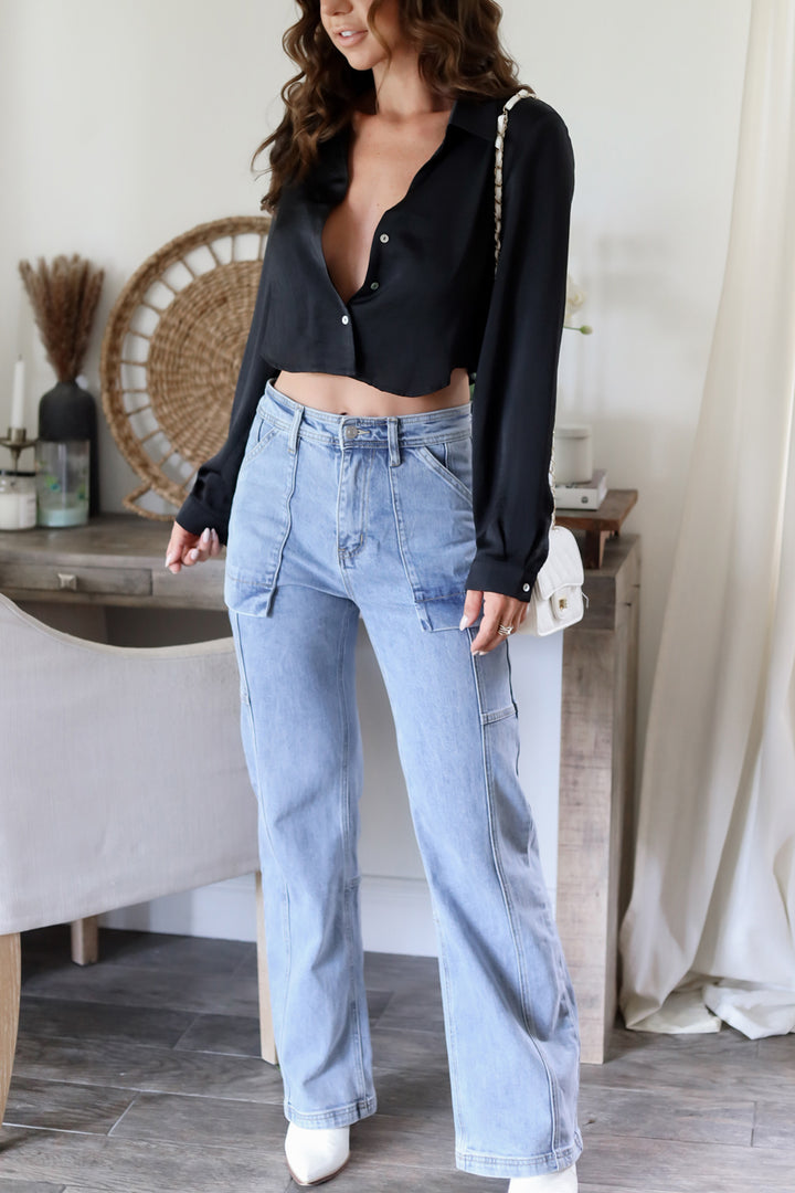 The Ari Satin Cropped Blouse- Black