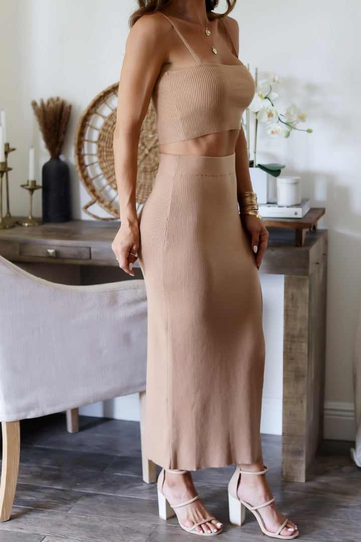 Isla Ribbed Tank &Skirt Set- Camel