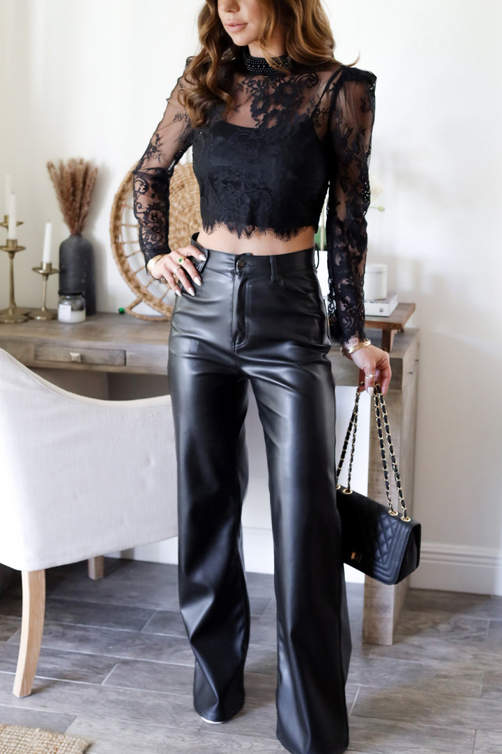 Charlie Faux Leather Wide Leg Pant- Black