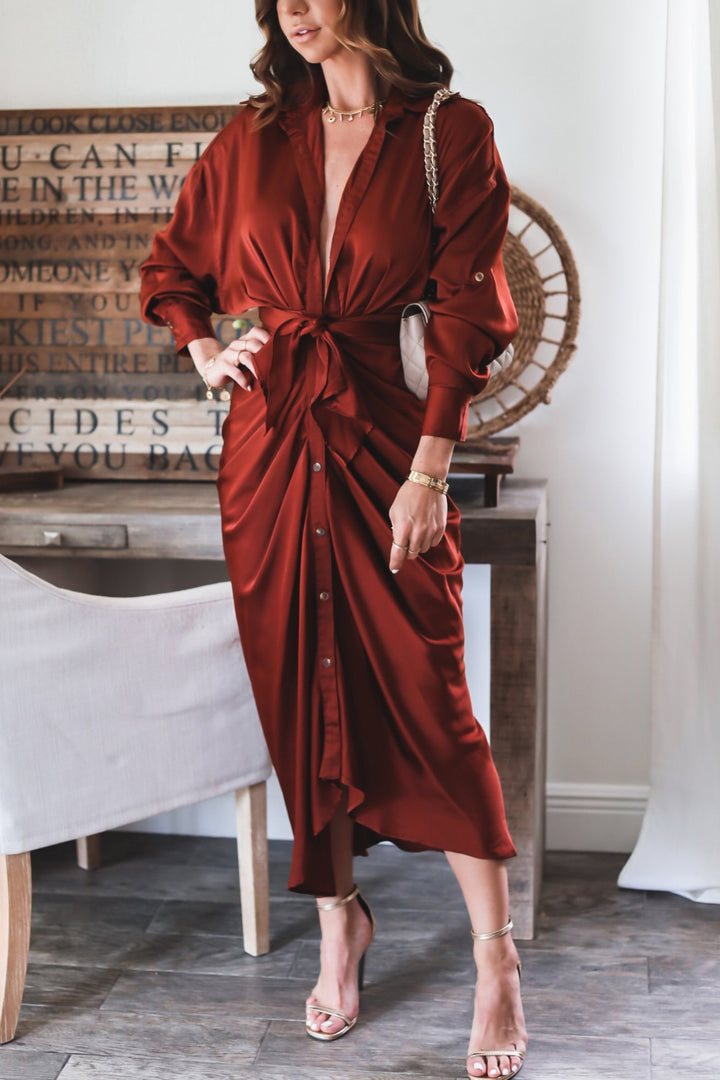 The Naomi Satin Tie Dress- Burgundy
