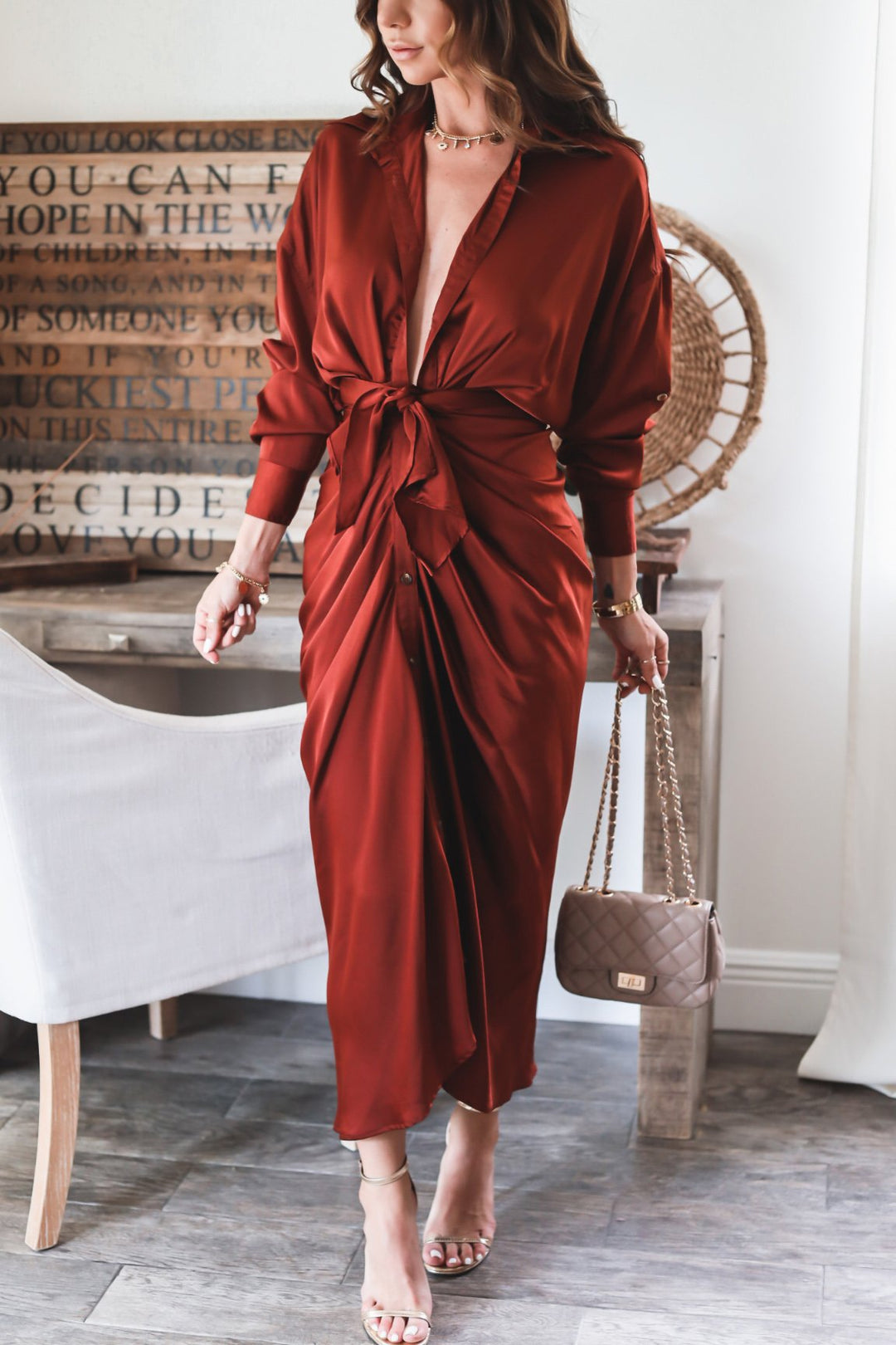 The Naomi Satin Tie Dress- Burgundy